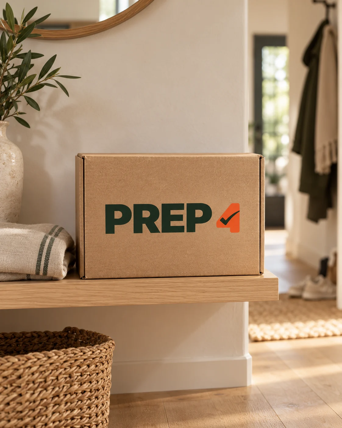 Een Prep4-doos op een houten plank in een warme huiselijke hal.