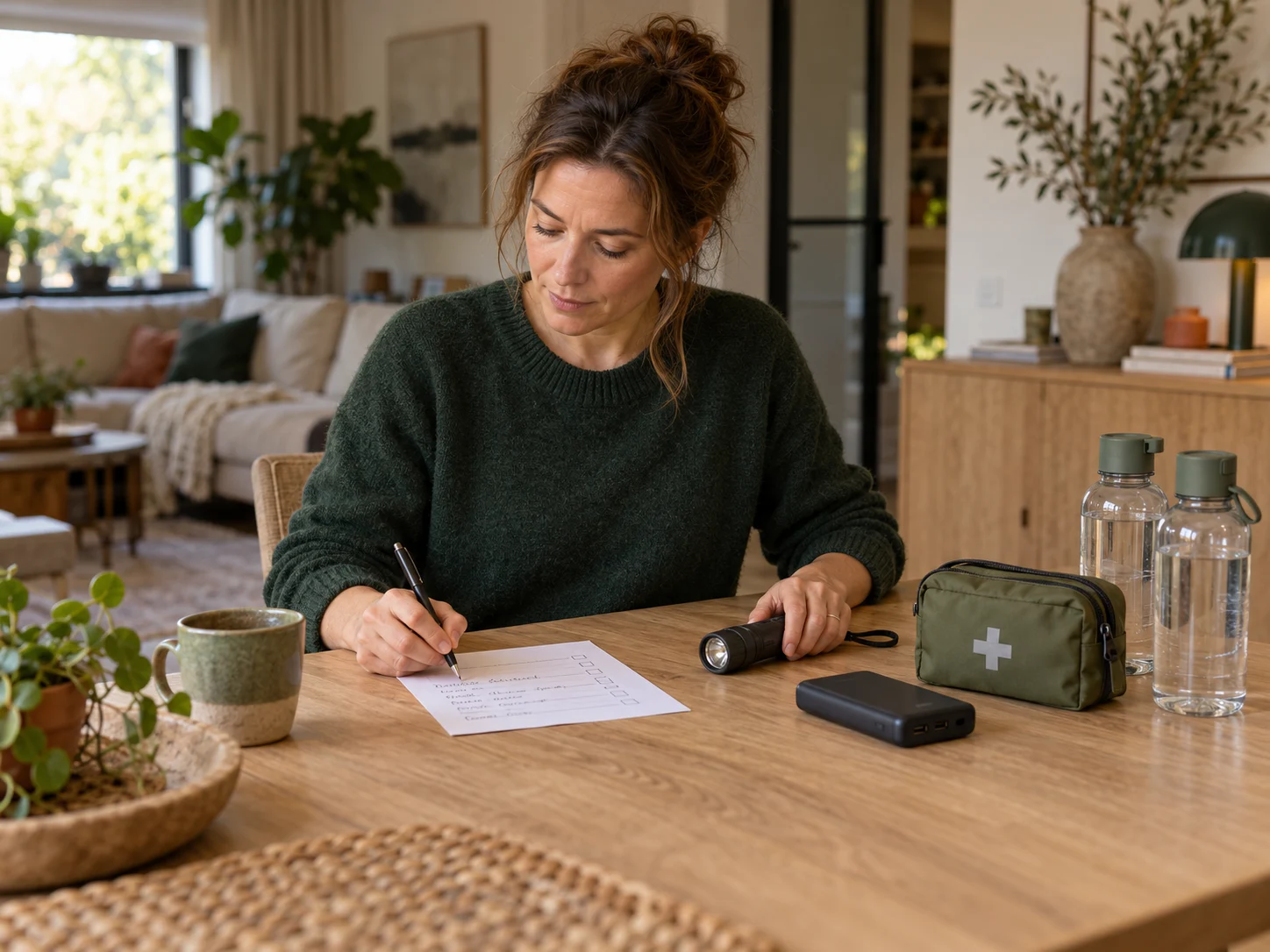 Een vrouw controleert thuis een checklist met enkele basisbenodigdheden op tafel.